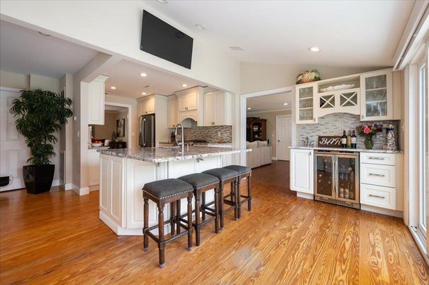 Interior, Kitchen, Recessed Lighting, Stone Walls, Wood Texture Flooring