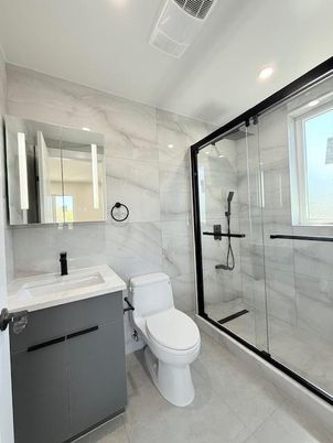 Bathroom, Glass Shower, Interior, Marble Walls, Recessed Lighting