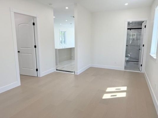 Bathroom, Empty room, Interior, Recessed Lighting, Wood Texture Flooring