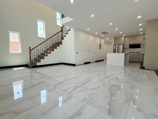 Interior, Kitchen, Marble, Recessed Lighting, Stainless Steel Appliances