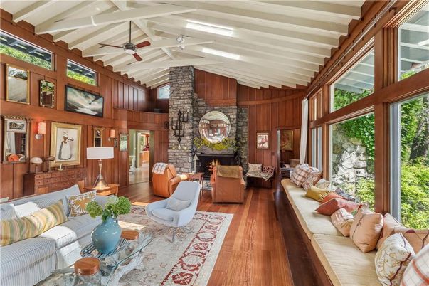 Fireplace, Interior, Living room, Stone Walls, Wood Texture Flooring, Wooden Walls
