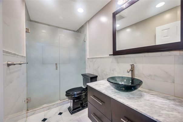 Bathroom, Glass Shower, Interior, Marble, Marble Walls, Recessed Lighting