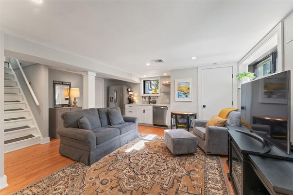 Interior, Kitchen, Living room, Recessed Lighting, Stainless Steel Appliances, Wood Texture Flooring