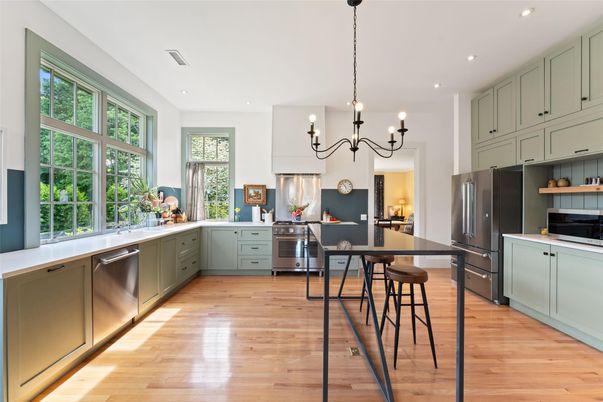 Chandelier, Interior, Kitchen, Recessed Lighting, Stainless Steel Appliances, Wood Texture Flooring