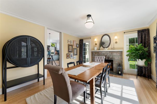 Dining room, Fireplace, Interior, Wood Texture Flooring