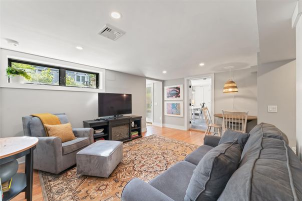 Dining room, Interior, Living room, Pendant Lights, Recessed Lighting, Wood Texture Flooring