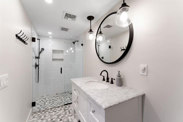 Bathroom, Dual Sink Vanities, Glass Shower, Interior, Pendant Lights, Recessed Lighting