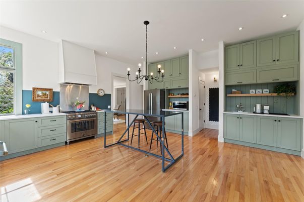 Chandelier, Interior, Kitchen, Pendant Lights, Recessed Lighting, Stainless Steel Appliances, Wood Texture Flooring