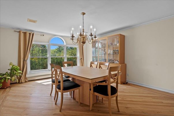 Chandelier, Dining room, Interior, Wood Texture Flooring