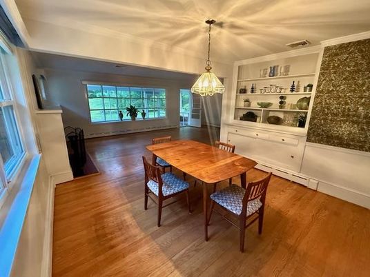 Dining room, Interior, Pendant Lights, Wood Texture Flooring