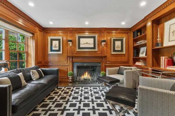 Fireplace, Interior, Living room, Recessed Lighting, Wooden Walls