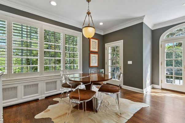 Dining room, Interior, Pendant Lights, Recessed Lighting, Wood Texture Flooring