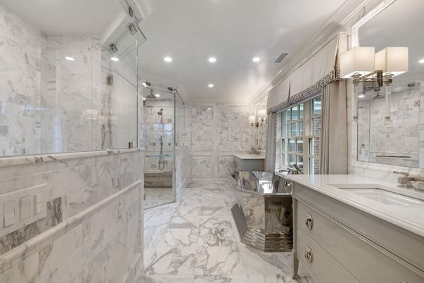Bathroom, Dual Sink Vanities, Glass Shower, Interior, Marble, Marble Walls, Recessed Lighting