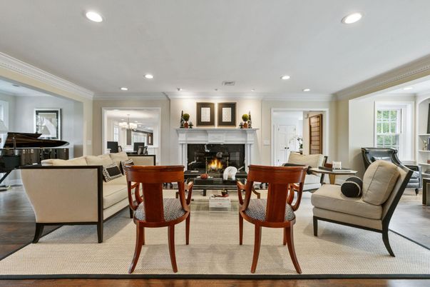 Fireplace, Interior, Living room, Piano, Recessed Lighting, Wood Texture Flooring