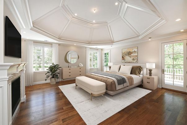 Bedroom, Fireplace, Interior, Recessed Lighting, Wood Texture Flooring
