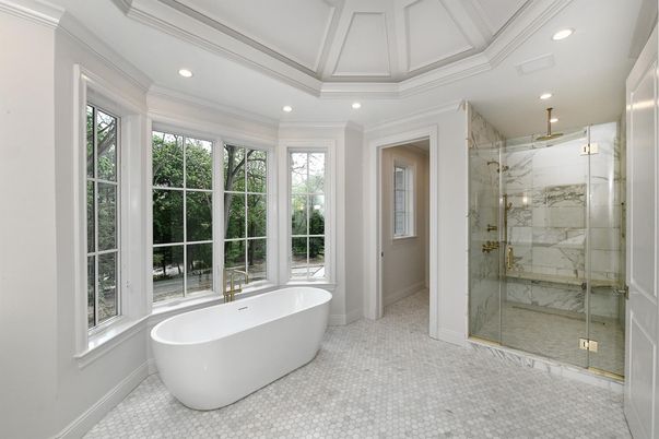 Bathroom, Free Standing Baths, Glass Shower, Interior, Marble Walls, Recessed Lighting