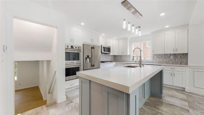 Interior, Kitchen, Pendant Lights, Recessed Lighting, Stainless Steel Appliances, Wood Texture Flooring