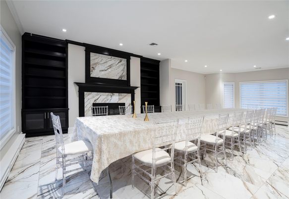 Dining room, Fireplace, Interior, Marble, Recessed Lighting