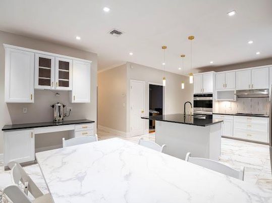 Interior, Kitchen, Marble, Pendant Lights, Recessed Lighting, Stainless Steel Appliances