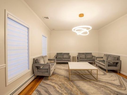 Interior, Living room, Pendant Lights, Wood Texture Flooring