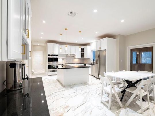 Dining room, Interior, Kitchen, Marble, Pendant Lights, Recessed Lighting, Stainless Steel Appliances
