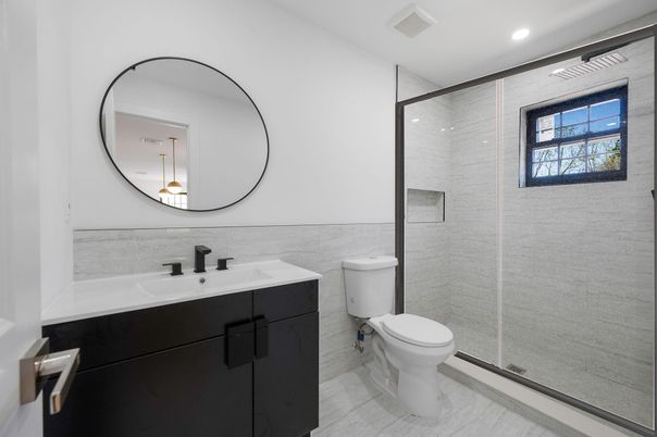 Bathroom, Glass Shower, Interior, Marble, Recessed Lighting