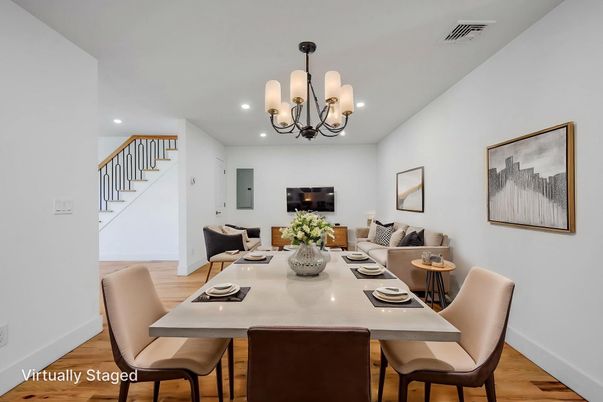 Chandelier, Dining room, Interior, Living room, Recessed Lighting, Wood Texture Flooring