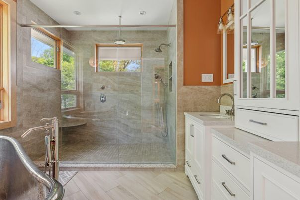Bathroom, Glass Shower, Interior, Recessed Lighting, Wood Texture Flooring
