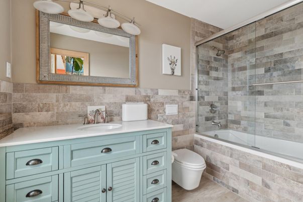 Bathroom, Glass Shower, Interior, Stone Walls, Wood Texture Flooring