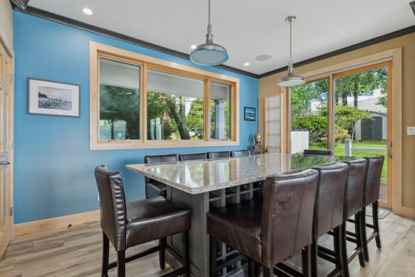 Dining room, Interior, Pendant Lights, Recessed Lighting, Wood Texture Flooring