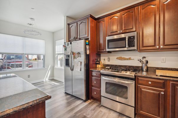 Interior, Kitchen, Pendant Lights, Stainless Steel Appliances, Wood Texture Flooring