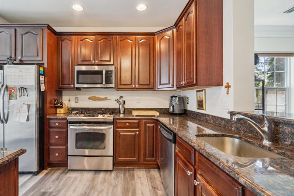 Interior, Kitchen, Recessed Lighting, Stainless Steel Appliances, Wood Texture Flooring