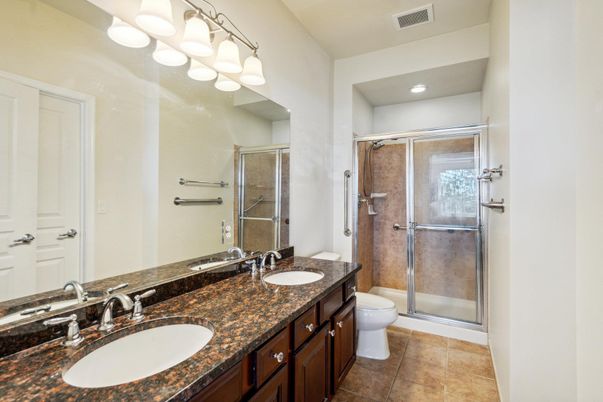Bathroom, Dual Sink Vanities, Glass Shower, Interior, Recessed Lighting