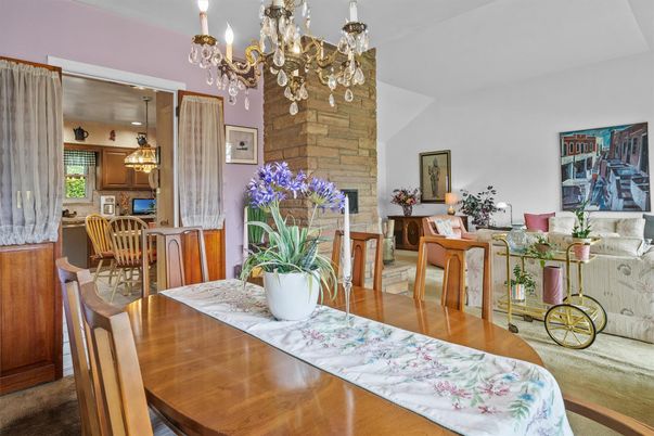 Chandelier, Dining room, Fireplace, Interior, Kitchen, Stone Walls