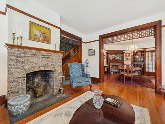 Chandelier, Dining room, Fireplace, Interior, Wood Texture Flooring