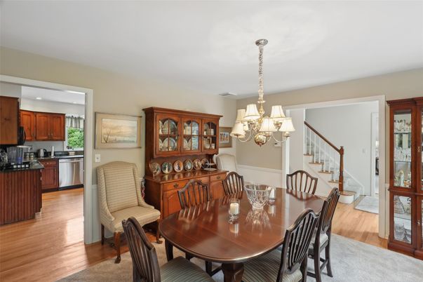 Chandelier, Dining room, Interior, Kitchen, Recessed Lighting, Stainless Steel Appliances, Wood Texture Flooring