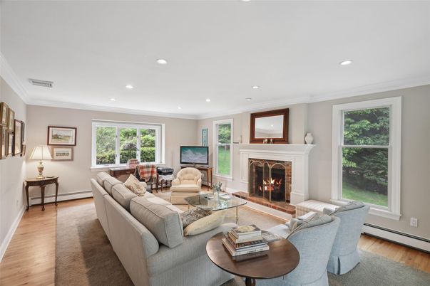 Fireplace, Interior, Living room, Recessed Lighting, Wood Texture Flooring