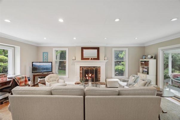 Fireplace, Interior, Living room, Recessed Lighting, Wood Texture Flooring