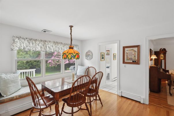 Dining room, Interior, Pendant Lights, Piano, Wood Texture Flooring