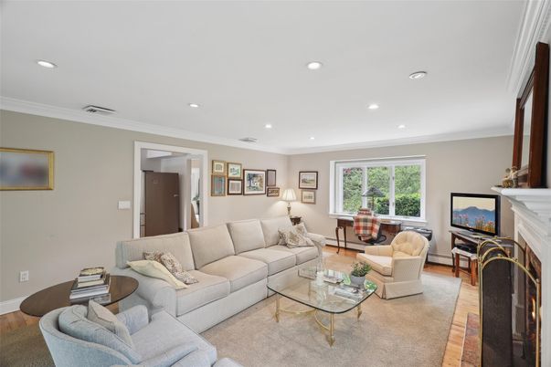 Fireplace, Interior, Living room, Recessed Lighting, Wood Texture Flooring