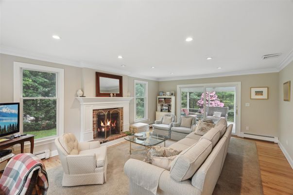 Fireplace, Interior, Living room, Recessed Lighting, Wood Texture Flooring
