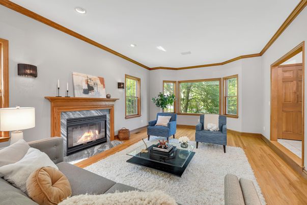 Fireplace, Interior, Living room, Recessed Lighting, Wood Texture Flooring
