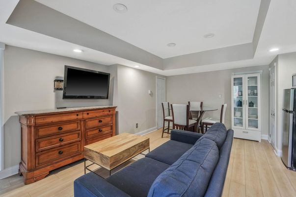 Dining room, Interior, Living room, Recessed Lighting, Wood Texture Flooring