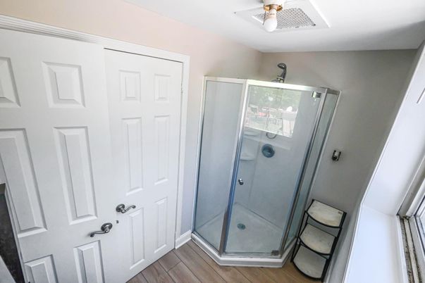 Bathroom, Glass Shower, Interior, Wood Texture Flooring