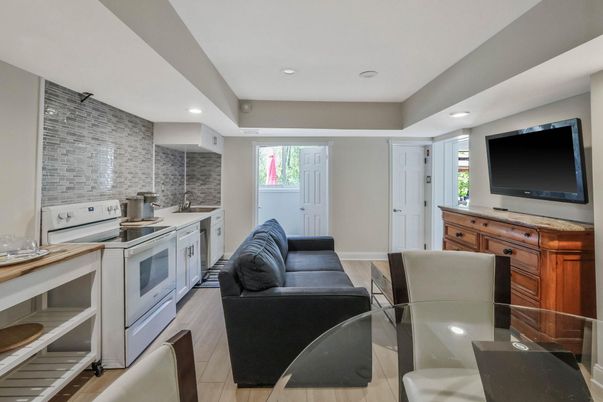 Interior, Kitchen, Living room, Recessed Lighting, Stone Walls, Wood Texture Flooring
