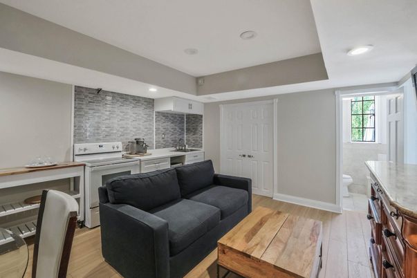 Interior, Kitchen, Living room, Recessed Lighting, Stainless Steel Appliances, Stone Walls, Wood Texture Flooring