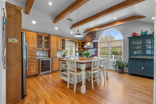 Dining room, Interior, Kitchen, Pendant Lights, Recessed Lighting, Wooden Beams, Wood Texture Flooring
