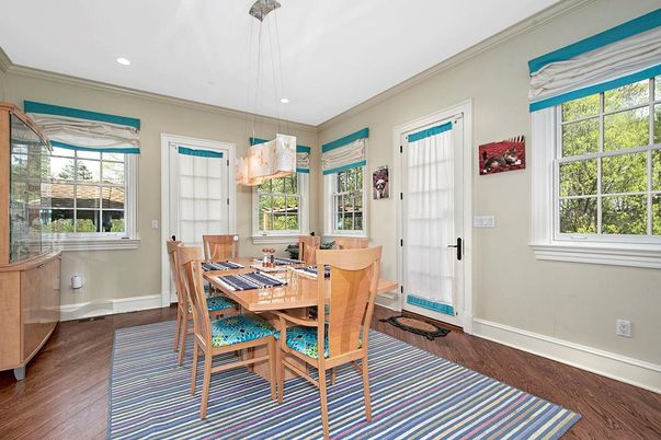 Dining room, Interior, Pendant Lights, Recessed Lighting, Wood Texture Flooring