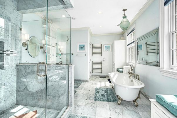 Bathroom, Dual Sink Vanities, Free Standing Baths, Glass Shower, Interior, Marble, Marble Walls, Recessed Lighting