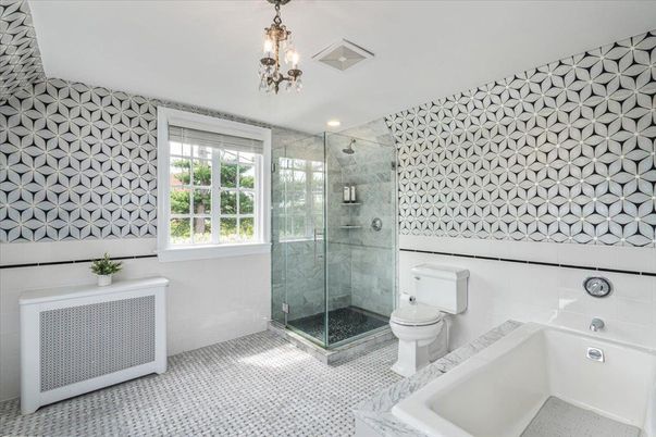 Bathroom, Chandelier, Glass Shower, Interior, Recessed Lighting